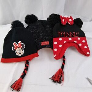 Disney Minnie Mouse Girls Black Red Knit Beanie  Lot of 3 w/ Pompoms and Braids